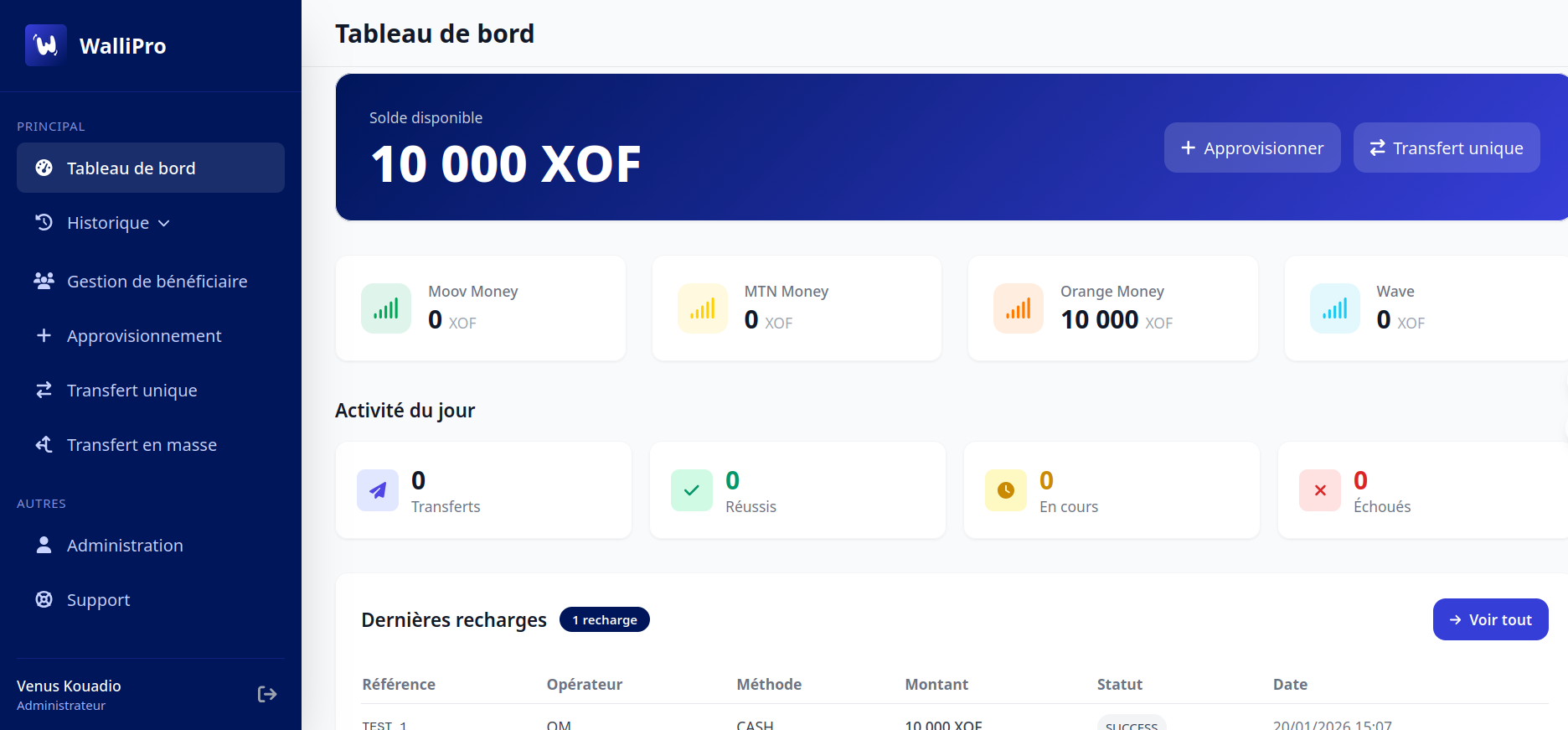 Dashboard WalliPro - transferts en masse